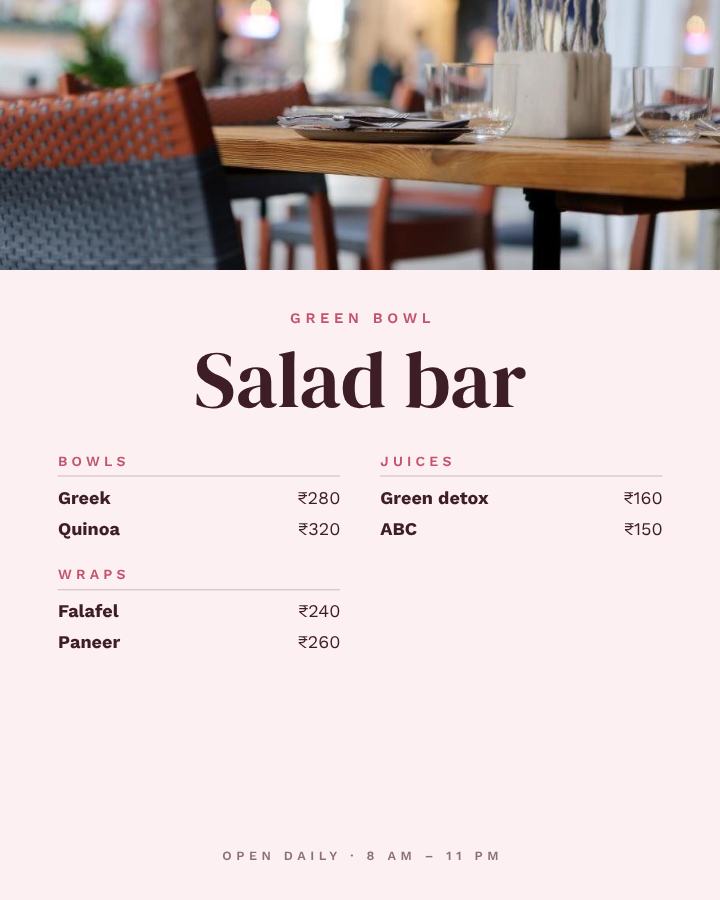 Rose Green Bowl Salad bar A4 — editable menus template