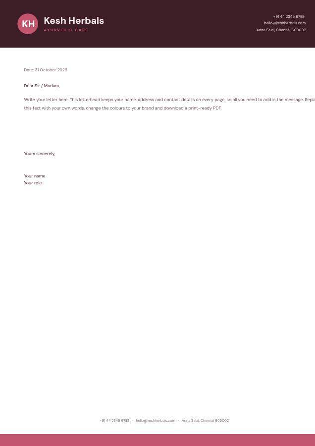 Rose Kesh Herbals Bold Letterhead — editable business template