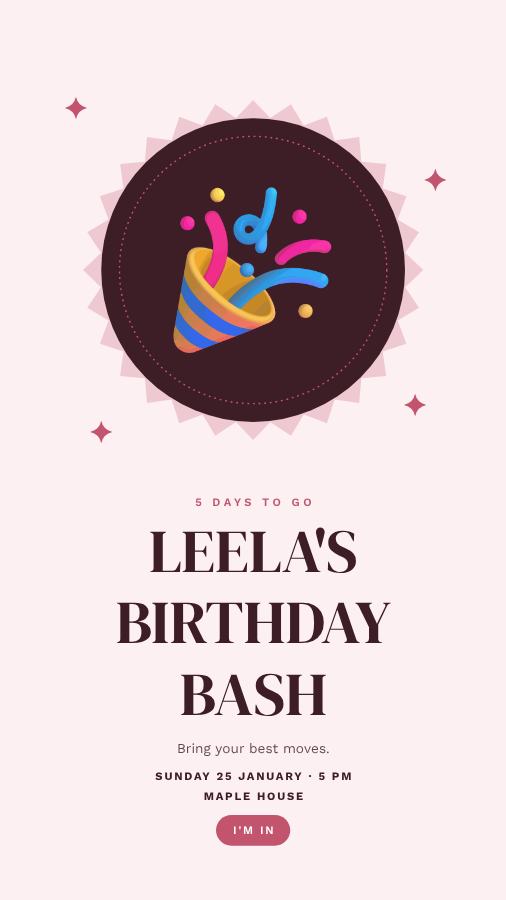 Rose Leela Birthday Bash Story — editable birthday template