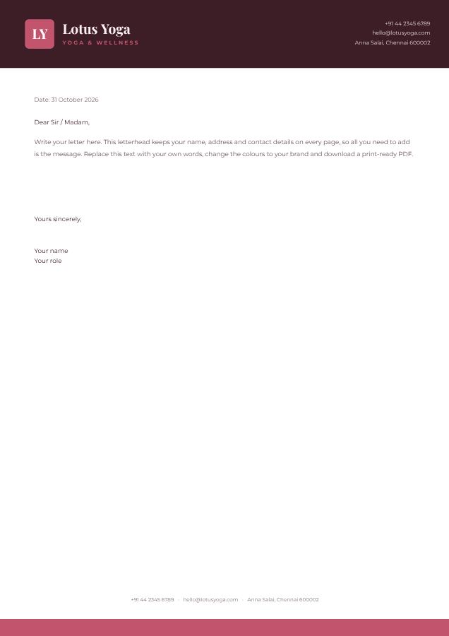 Rose Lotus Yoga Bold Letterhead — editable business template
