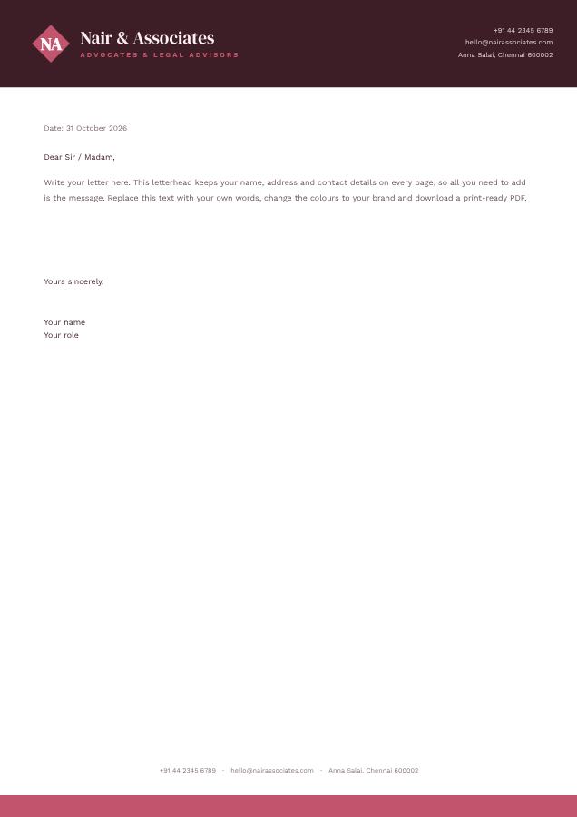 Rose Nair & Associates Bold Letterhead — editable business template