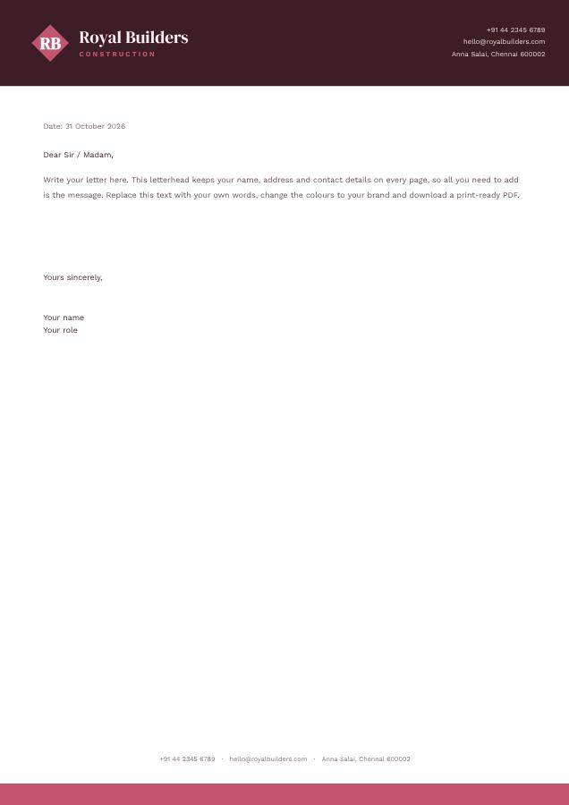 Rose Royal Builders Bold Letterhead — editable business template