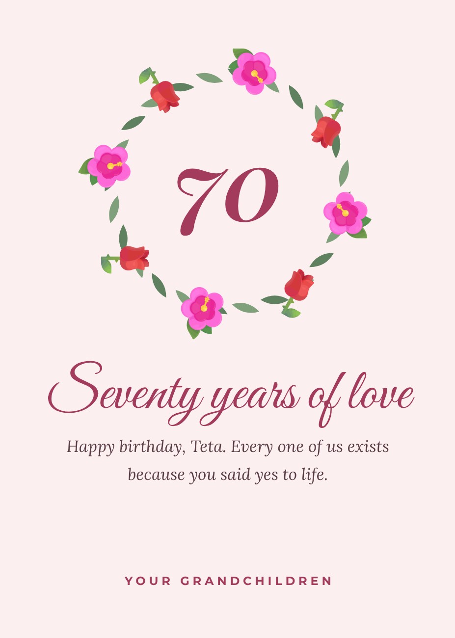 Rose Wreath 70th Teta Card — editable birthday template