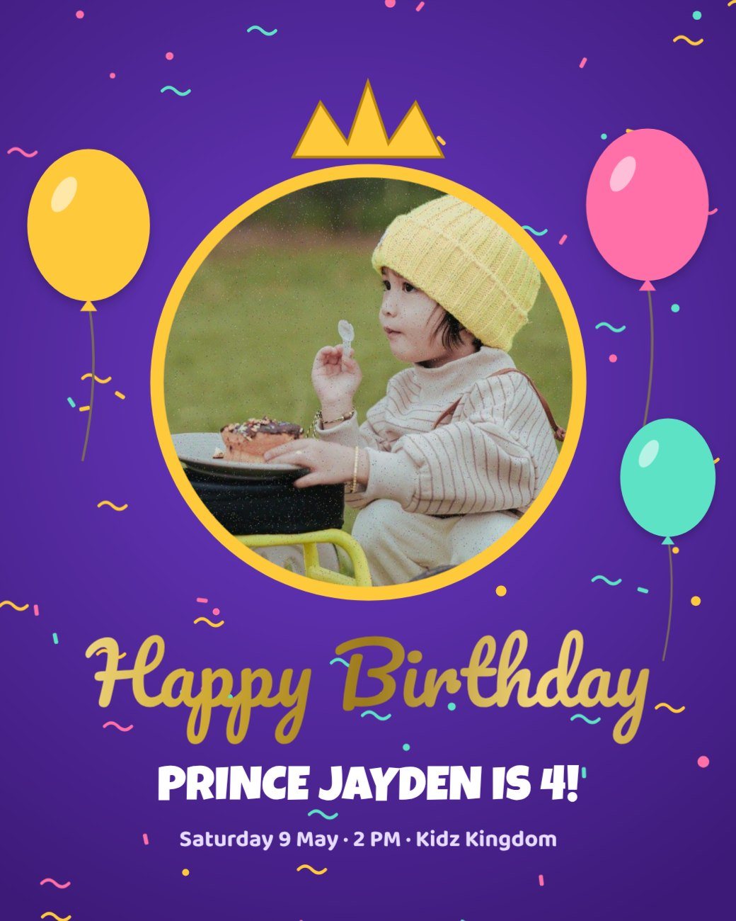 Royal Purple Gold Kids Birthday Flyer — editable birthday template