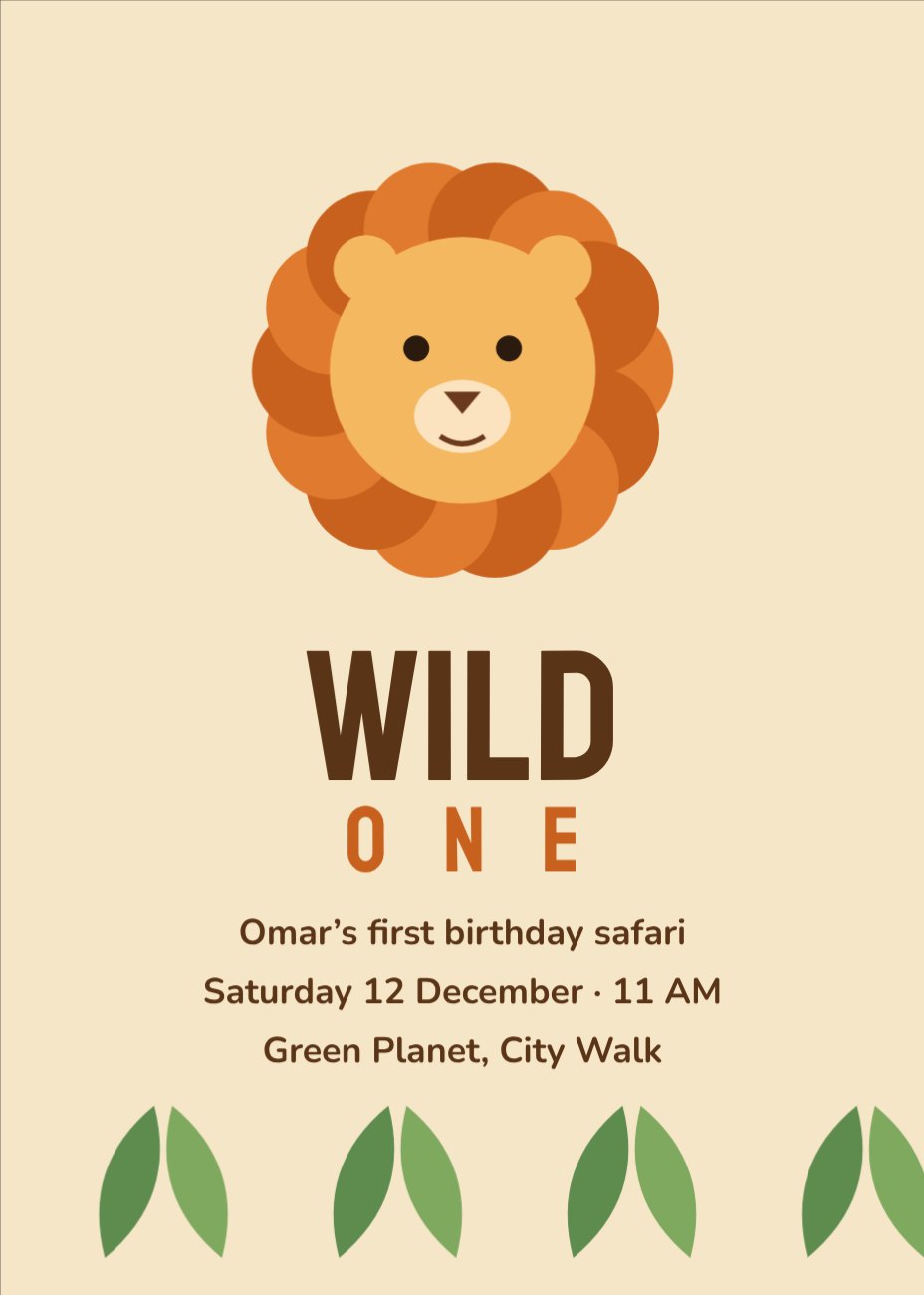 Safari Lion Wild One Invitation — editable birthday template