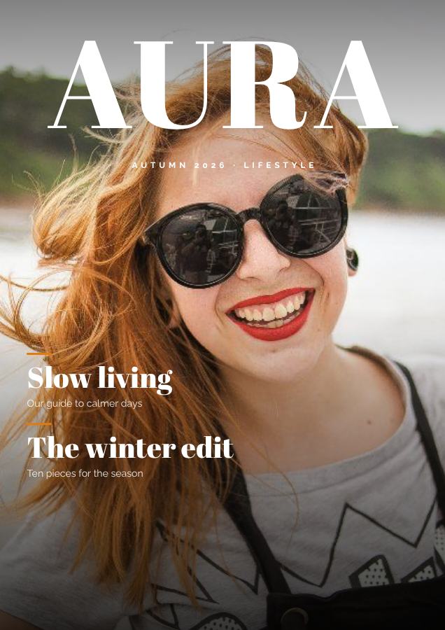 Saffron AURA Lifestyle Magazine Cover Autumn 2026 — editable marketing template