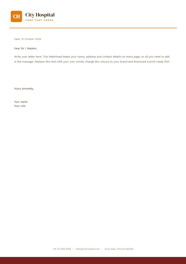 Saffron City Hospital Minimal Letterhead — editable business template