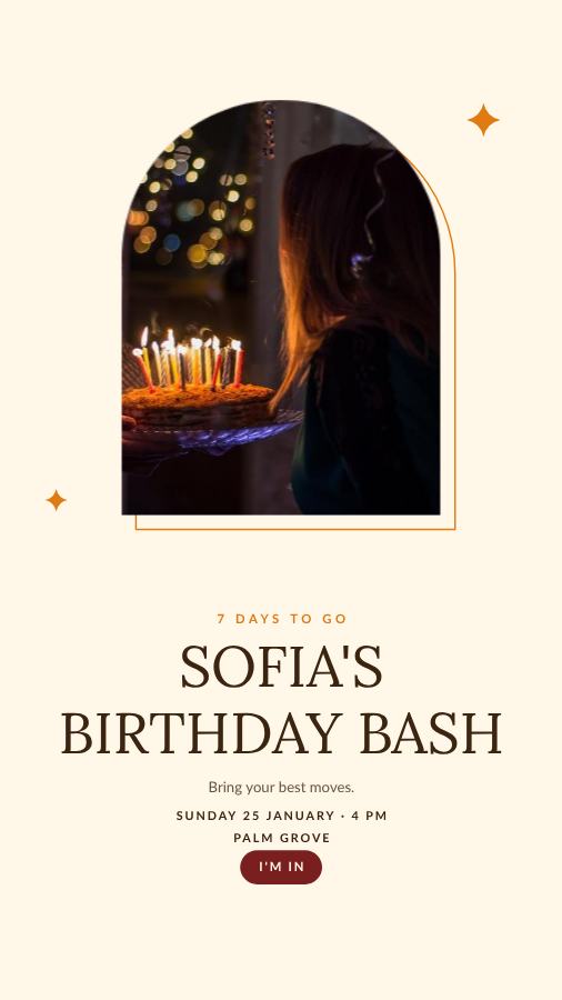 Saffron Frame Sofia Birthday Bash Story — editable birthday template