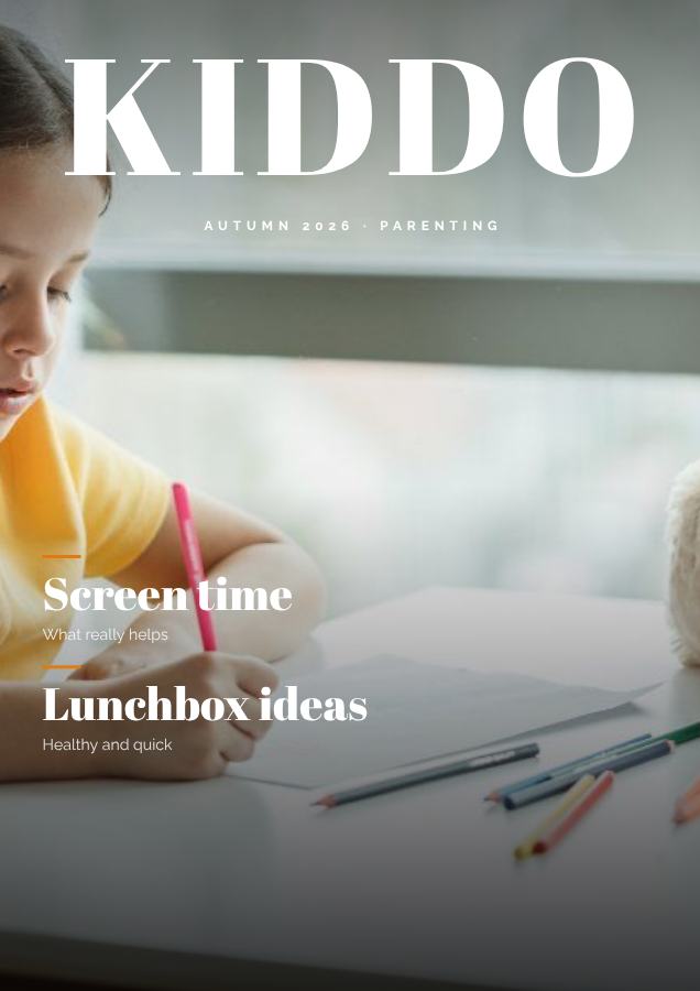 Saffron KIDDO Parenting Magazine Cover Autumn 2026 — editable marketing template