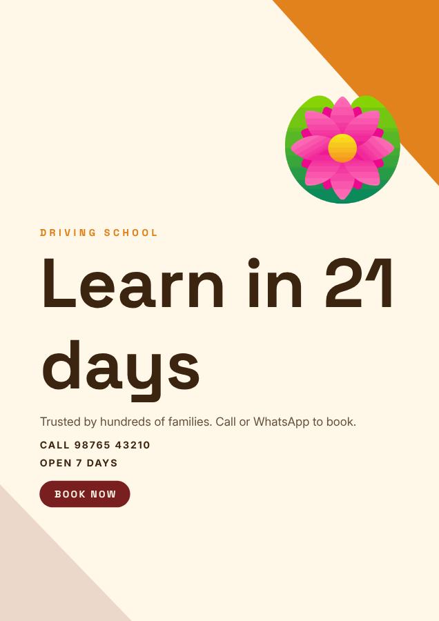 Saffron Learn in 21 days Driving school Flyer A4 — editable business template