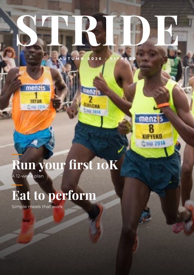 Saffron STRIDE Fitness Magazine Cover Autumn 2026 — editable marketing template