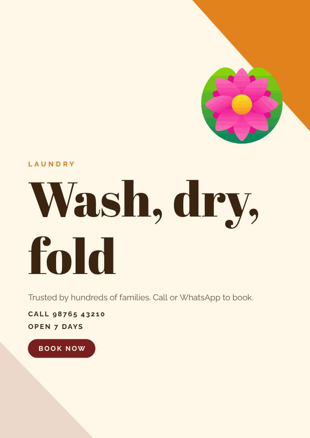 Saffron Wash, dry, fold Laundry Flyer A4 — editable business template