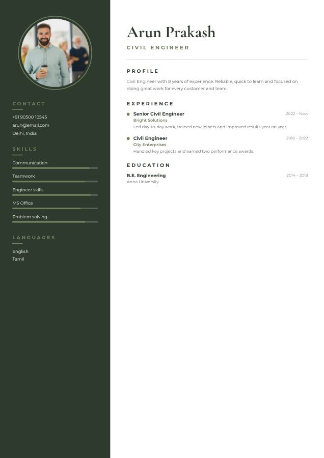 Sage Arun Prakash Civil Engineer Resume — editable resume template