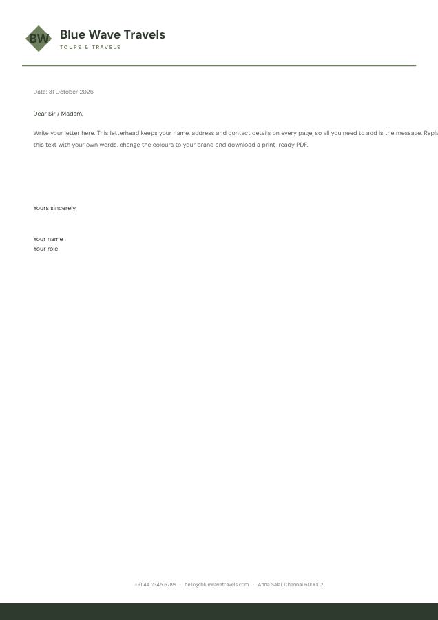 Sage Blue Wave Travels Minimal Letterhead — editable business template