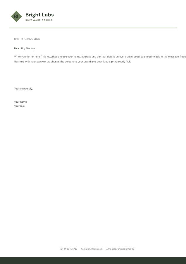 Sage Bright Labs Minimal Letterhead — editable business template