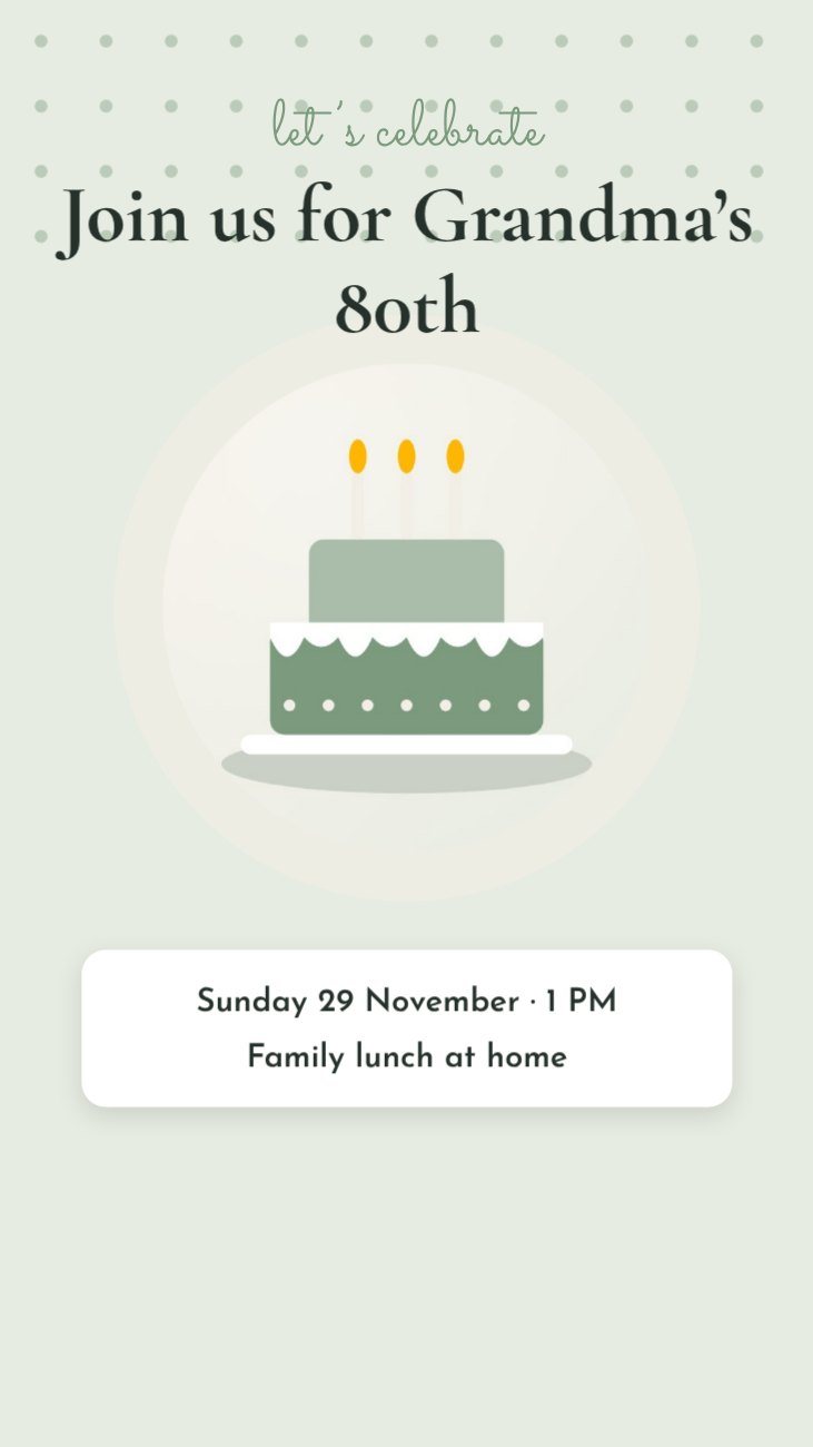 Sage Cake Celebration Story — editable birthday template