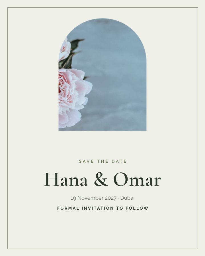 Sage Framed Hana and Omar Save the Date — editable wedding template