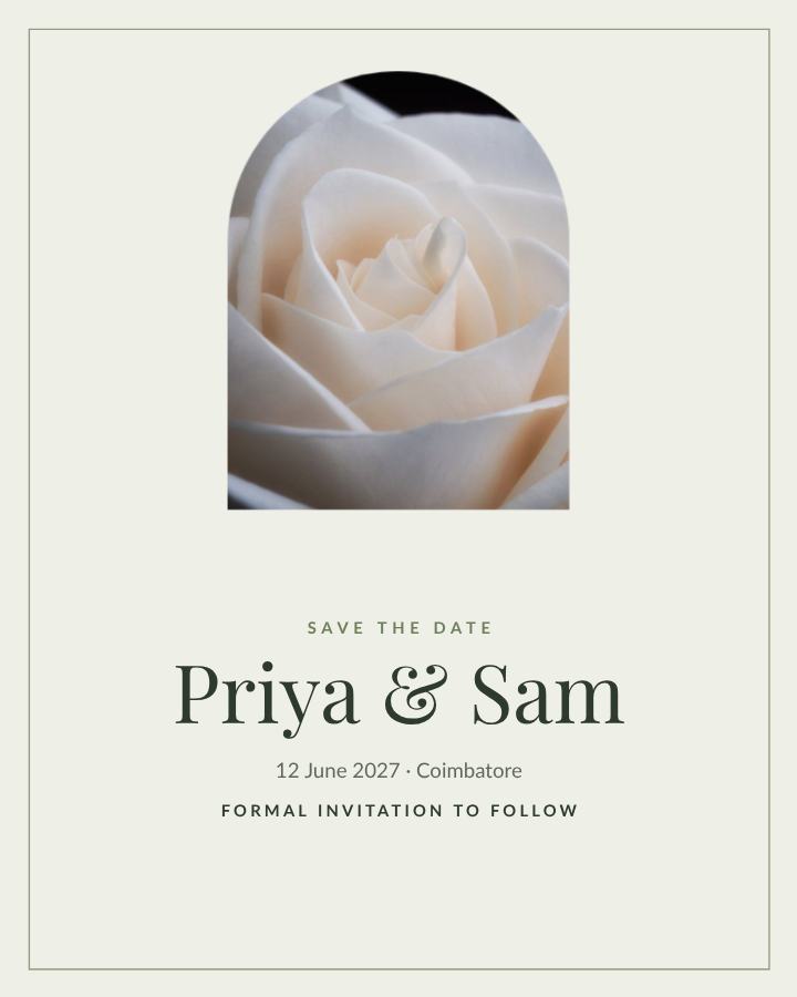 Sage Framed Priya and Sam Save the Date — editable wedding template