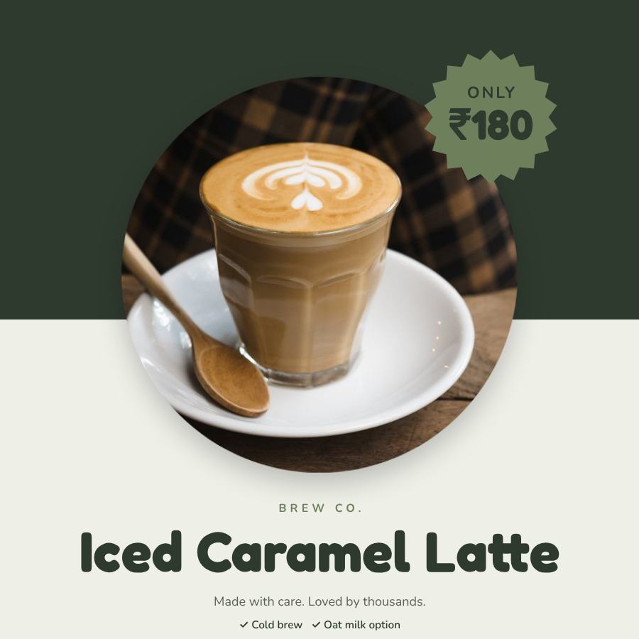 Sage Iced Caramel Latte Product Ad — editable marketing template