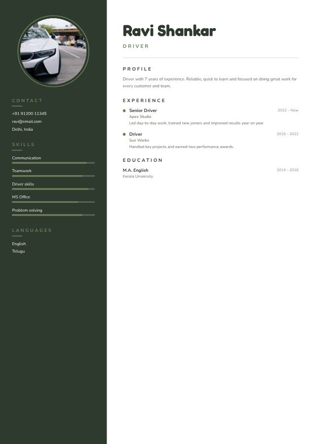 Sage Ravi Shankar Driver Resume — editable resume template