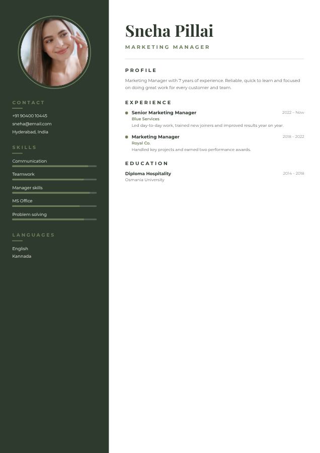 Sage Sneha Pillai Marketing Manager Resume — editable resume template