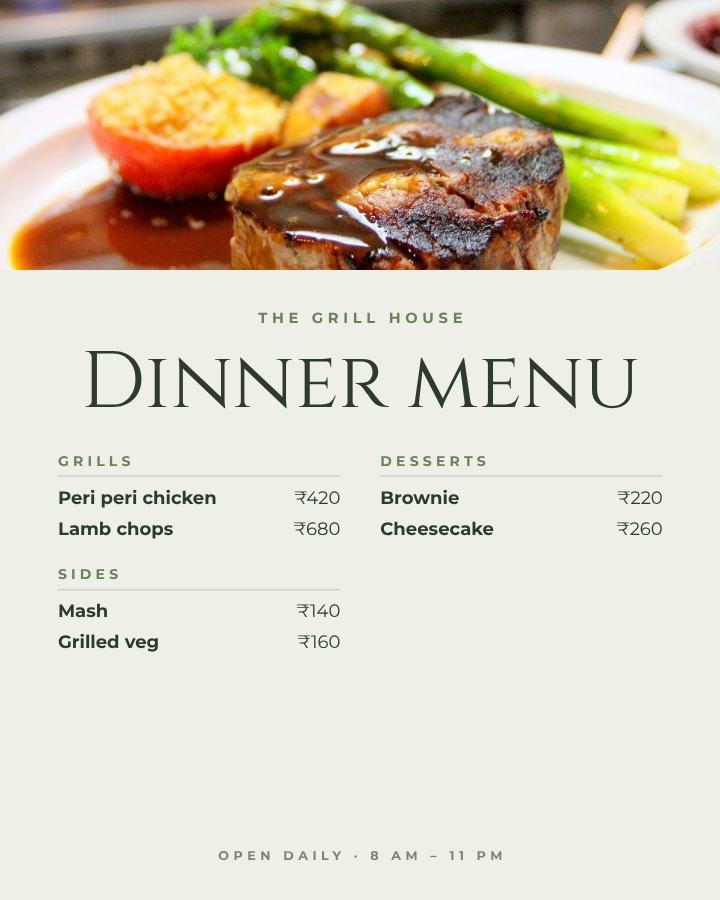 Sage The Grill House Dinner menu A4 — editable menus template