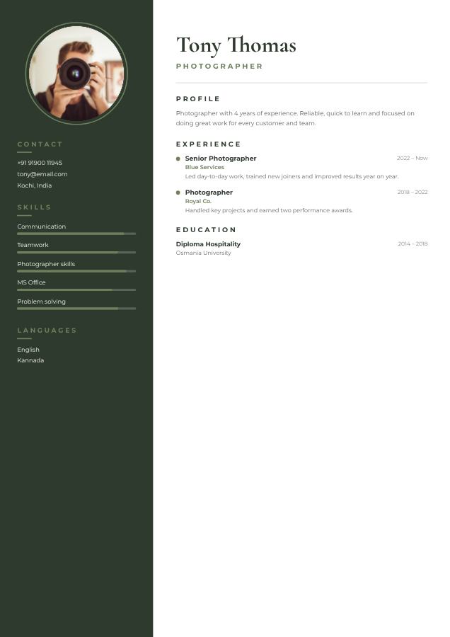 Sage Tony Thomas Photographer Resume — editable resume template