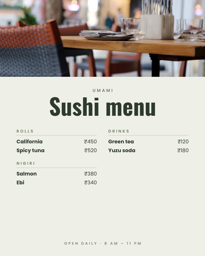 Sage Umami Sushi menu Card — editable menus template