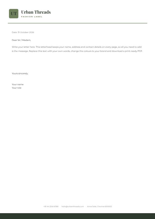 Sage Urban Threads Minimal Letterhead — editable business template