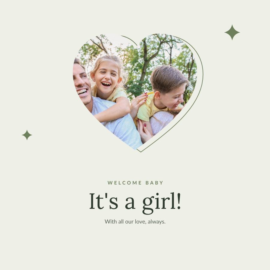 Sage Welcome baby It's a girl! Greeting — editable love & family template