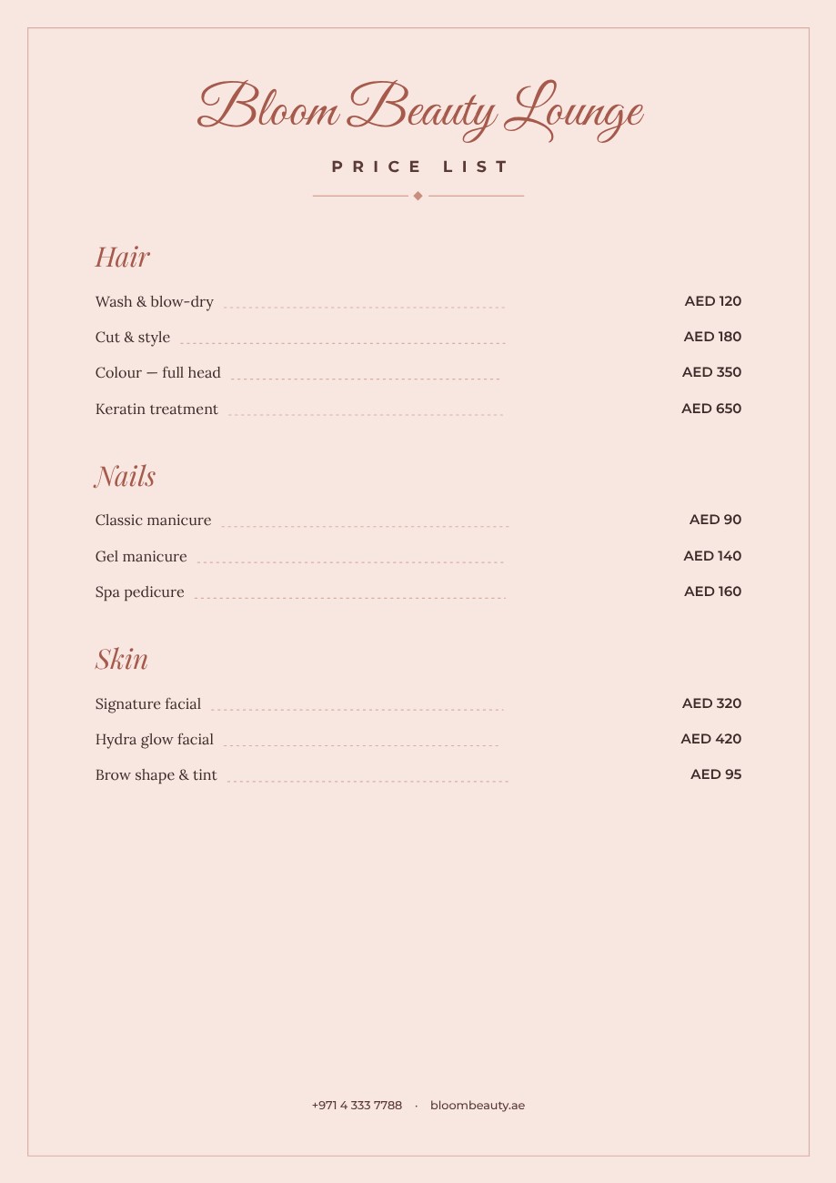 Salon Price List — editable business template