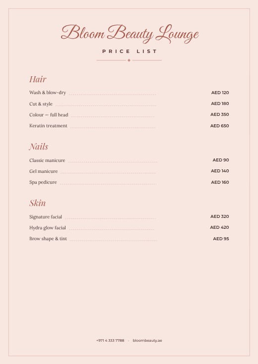 Salon Price List — free menu template