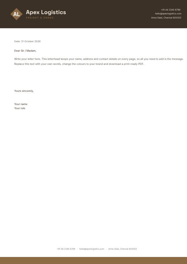 Sand Apex Logistics Bold Letterhead — editable business template