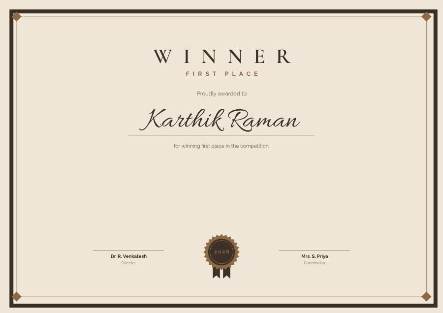 Sand Certificate First Place Winner Formal — editable certificates template