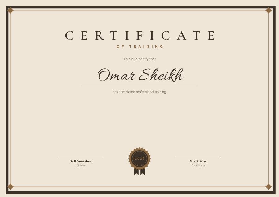 Sand Certificate Of Training Certificate Modern — editable certificates template