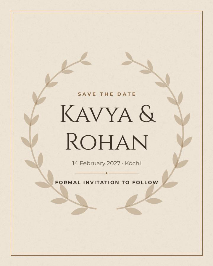Sand Elegant Kavya and Rohan Save the Date — editable wedding template