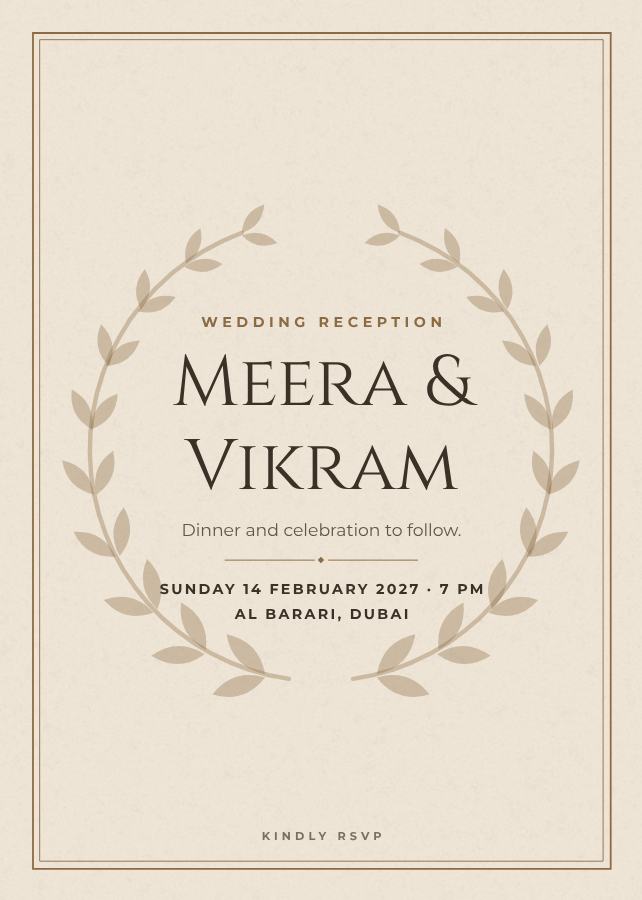 Sand Elegant Meera and Vikram Reception Invite — editable wedding template