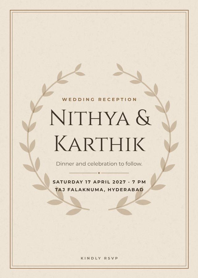 Sand Elegant Nithya and Karthik Reception Invite — editable wedding template