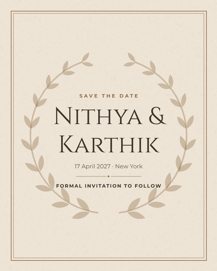 Sand Elegant Nithya and Karthik Save the Date — editable wedding template