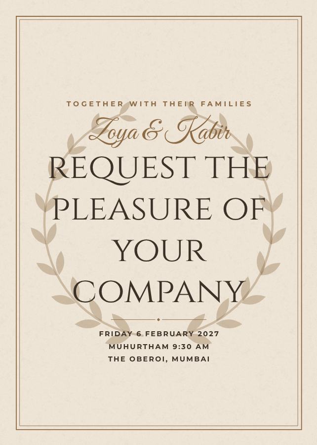 Sand Elegant Zoya and Kabir Wedding Invitation — editable wedding template