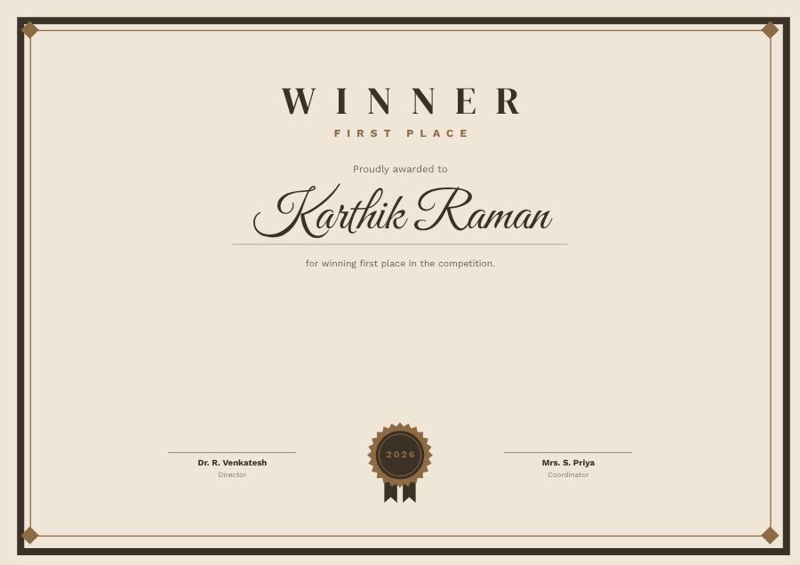 Sand First Place Winner Formal — editable certificates template