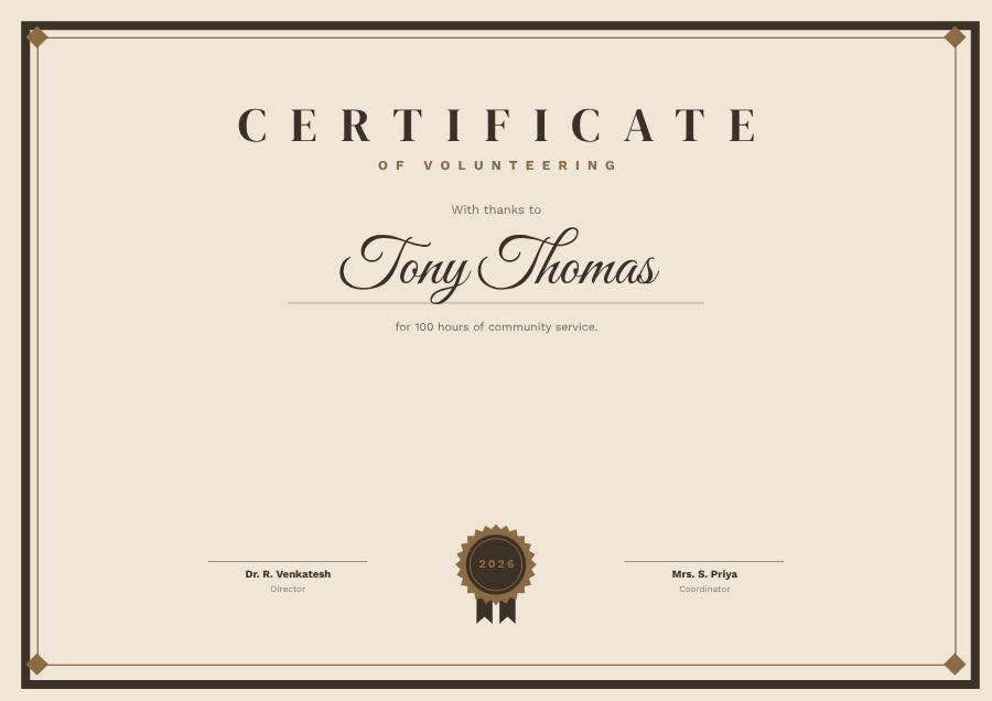 Sand Of Volunteering Certificate Classic — editable certificates template
