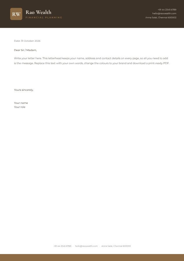 Sand Rao Wealth Bold Letterhead — editable business template