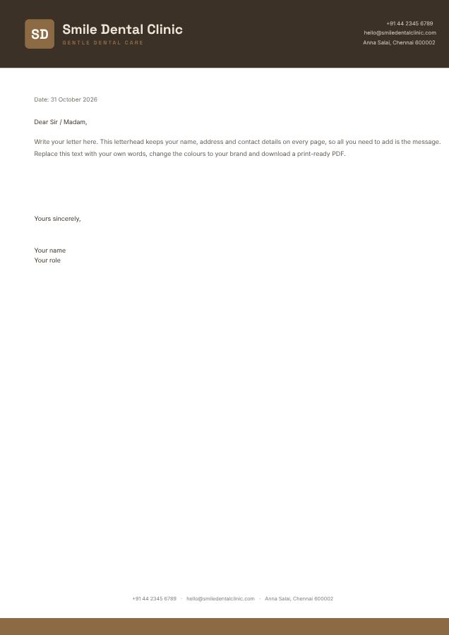 Sand Smile Dental Clinic Bold Letterhead — editable business template