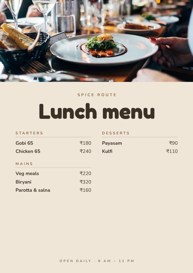 Sand Spice Route Lunch menu A4 — editable menus template