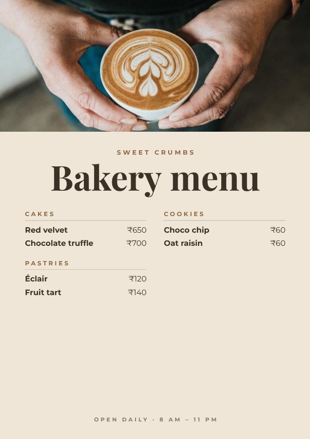 Sand Sweet Crumbs Bakery menu — editable menus template