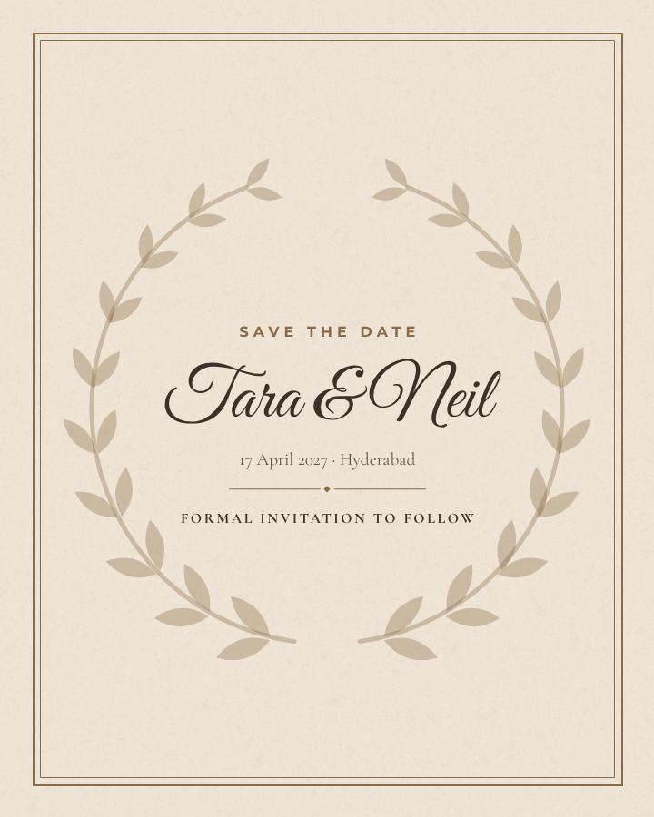 Sand Tara and Neil Save the Date — editable wedding template