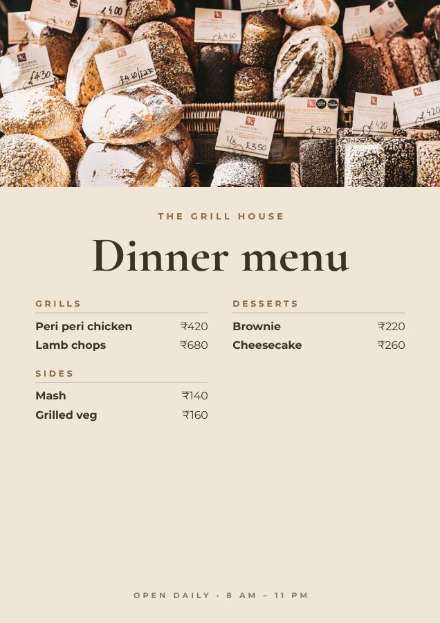 Sand The Grill House Dinner menu Card — editable menus template