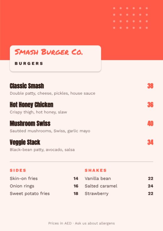 Smash Burger Co. Burgers Menu template