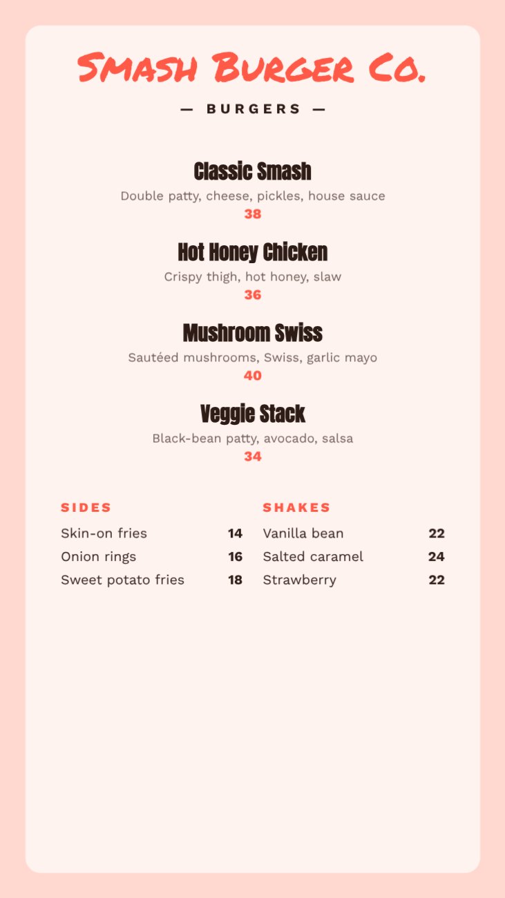 Smash Burger Co. Burgers Story Menu — editable menus template